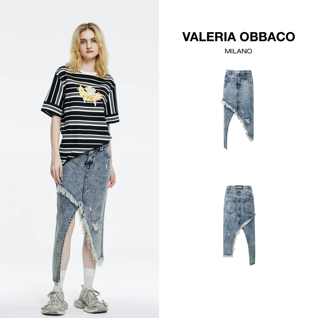 VALERIAOBBACO/瓦莱丽娅 奥贝科双腰解构毛边牛仔半裙宽松休闲