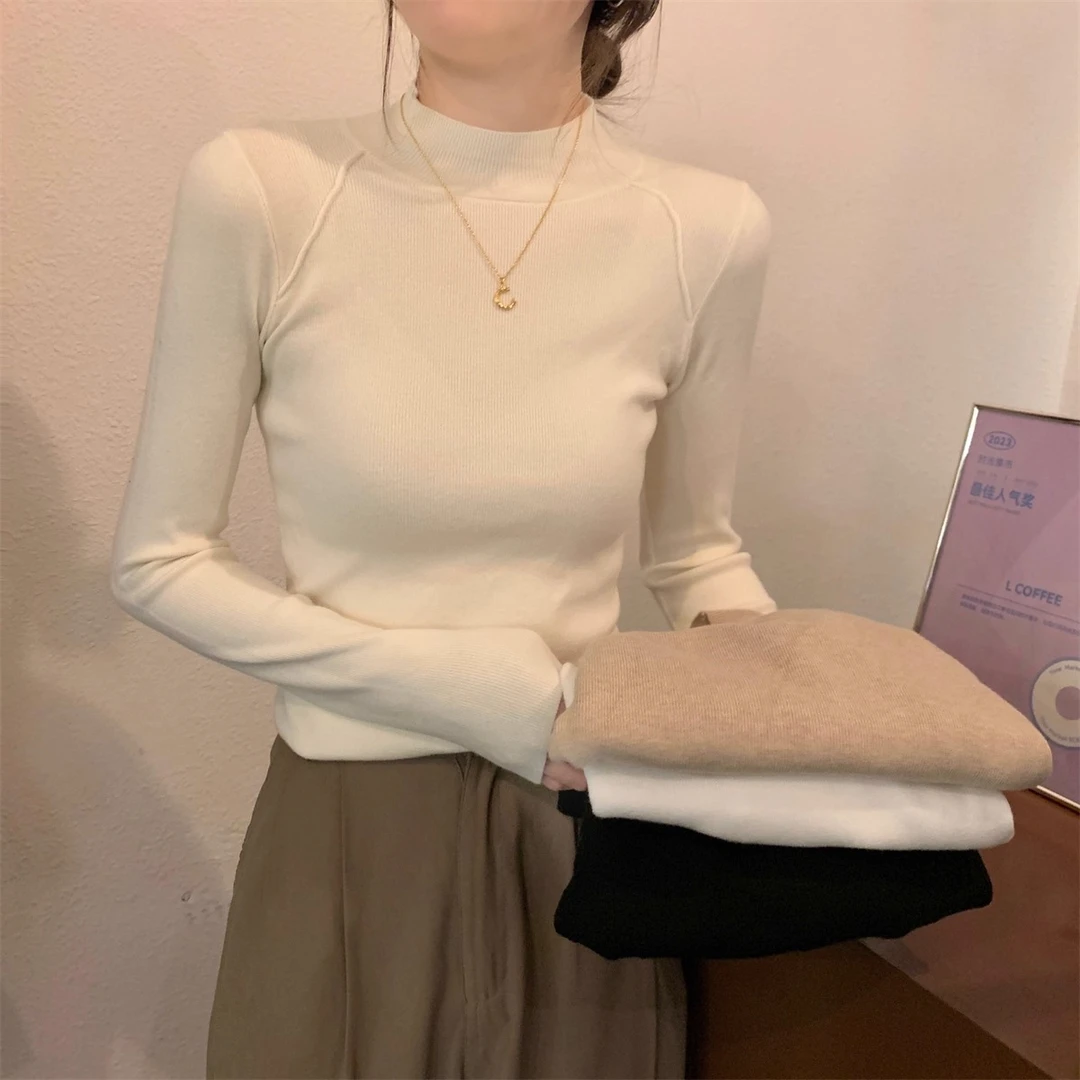 简约韩版半高领t恤设计感修身显瘦秋冬新款保暖纯色长袖打底衫ins