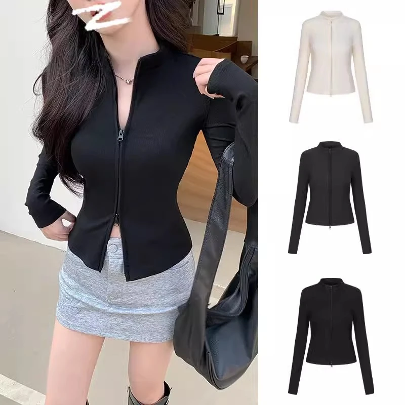 螺纹立领双拉链外套女春秋新款针织开衫修身百搭短款长袖上衣