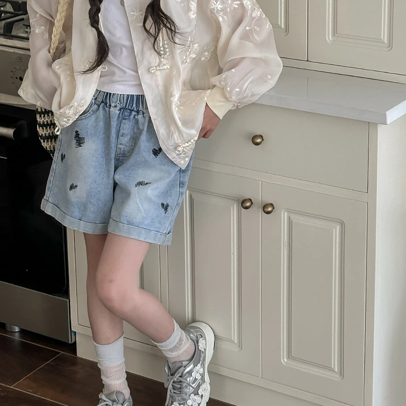 K26638绣花翻边女童夏装牛仔短裤2025儿童裤子夏季热裤大童休闲裤