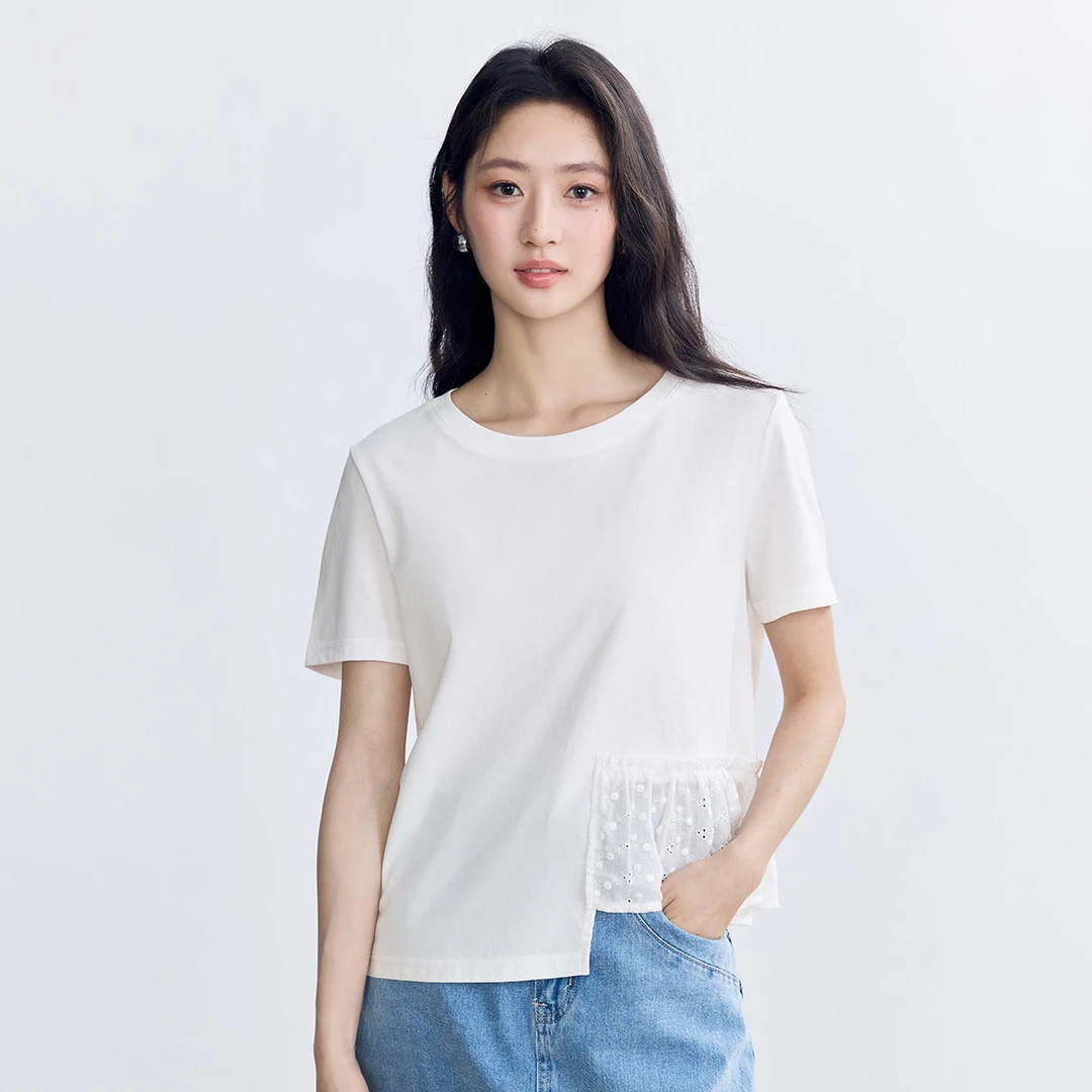 极简风不规则蕾丝拼接T恤2025夏季百搭宽松休闲纯棉短袖上衣