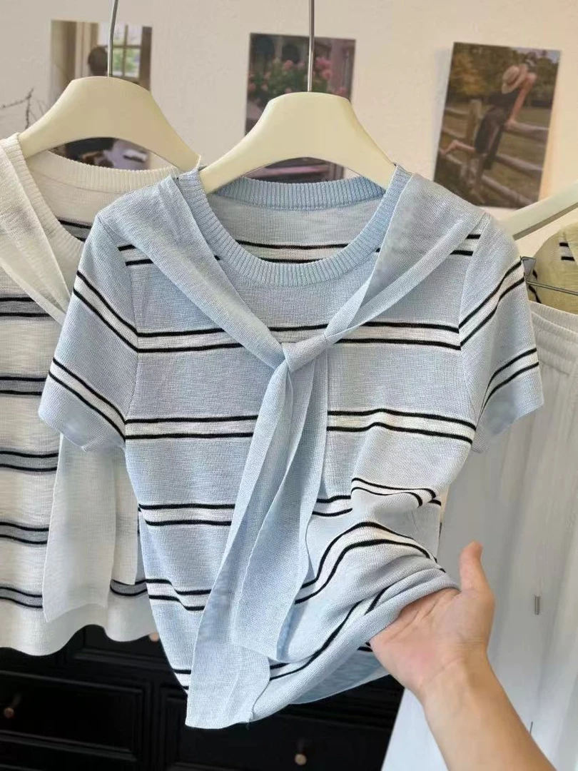 T夏季设计感条纹圆领短袖冰丝针织上衣女士拼接披肩通勤显瘦5100