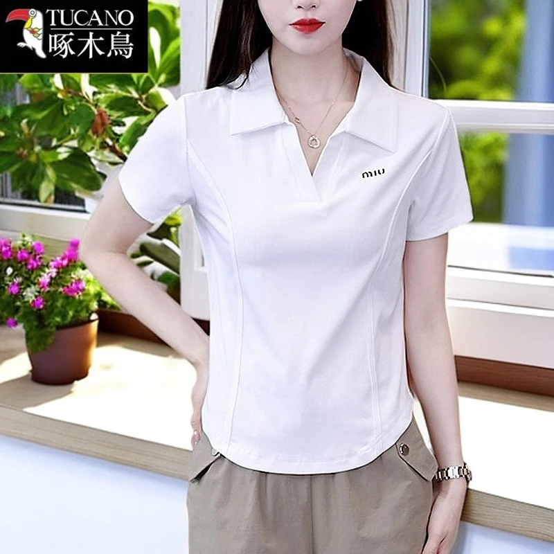啄木鸟夏季短袖POLO领刺绣T恤2025年新款韩版修身显瘦纯色上衣女
