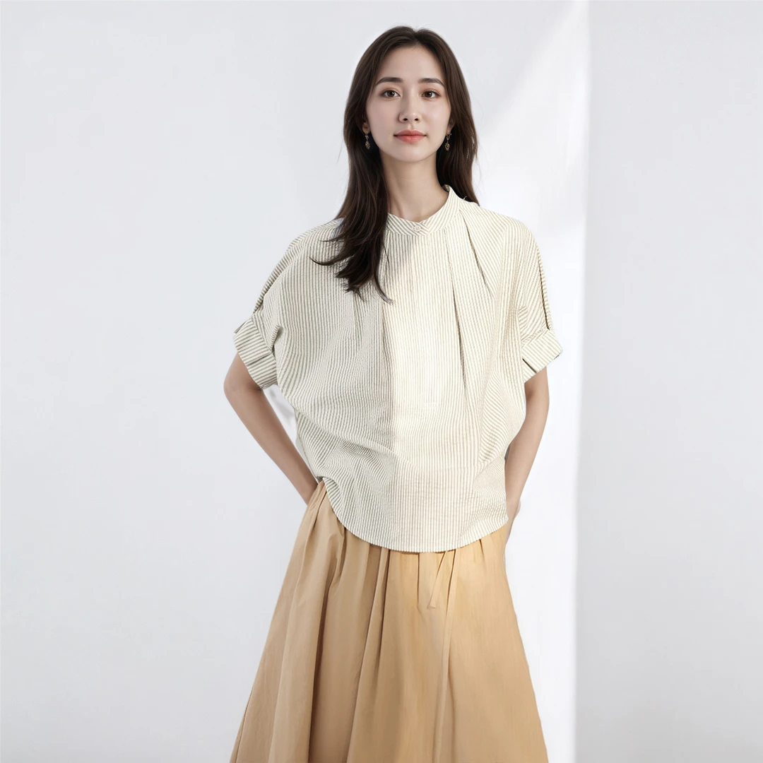 气质立领条纹短袖衬衫女2025夏季新款温柔衬衣高级感显瘦纯棉上衣