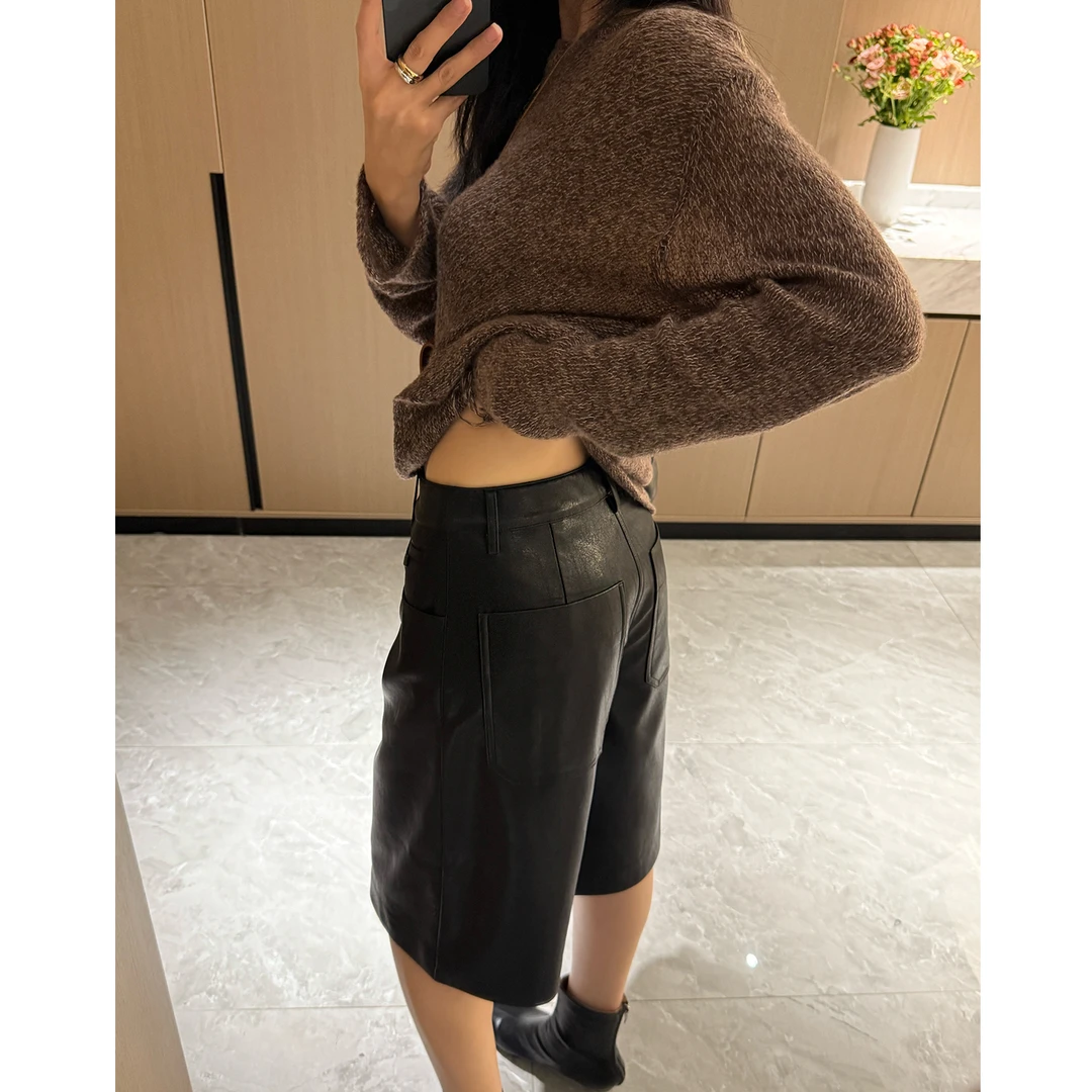 2025秋冬新品质感液态皮五分阔腿裤女百搭显瘦高级环保PU中裤