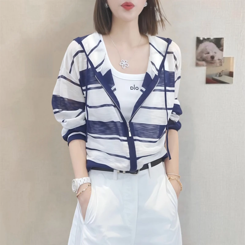 条纹连帽拉链长袖针织开衫女夏新款薄款帽衫休闲显瘦上衣防晒罩衫