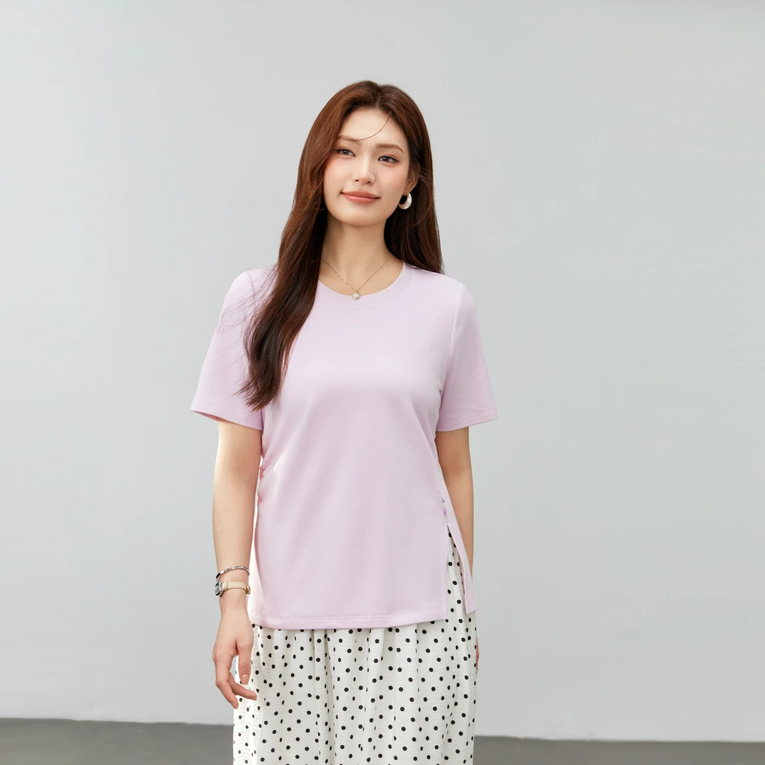 【时尚设计感开叉百搭圆领T恤】纤莉秀大码女装显瘦宽松短袖QK1318