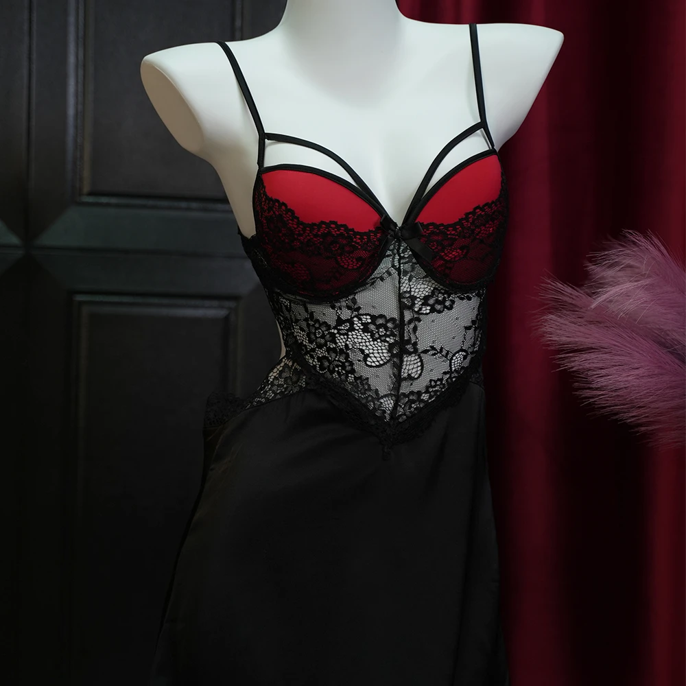 【绯红女爵】（80斤-140斤）冰丝聚拢带胸垫镂空蕾丝拼接纯欲风睡裙