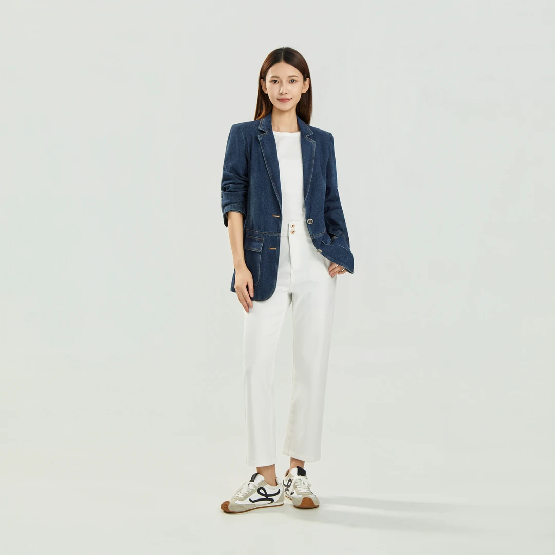 亿领秋季薄款一粒扣女牛仔外套春季提花lulu风W35402-2003-26-A