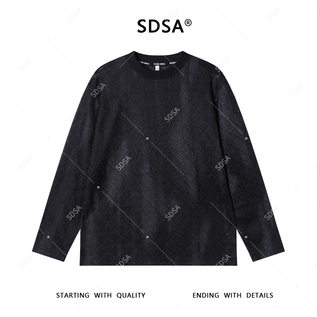 SDSA男士2025新款轻奢痞帅男装纯色菱形圆领长袖T恤舒适百搭上衣