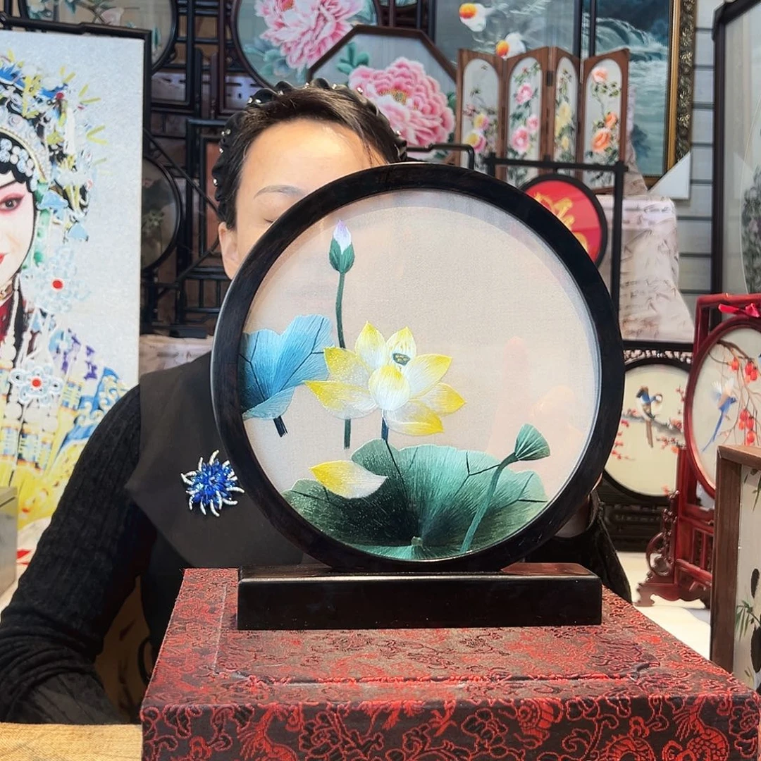 织绣苏绣摆台檀木手工双面