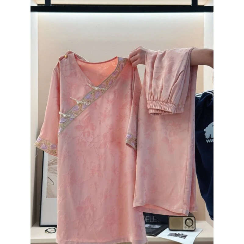 刺绣提花格格服短袖睡衣女时尚新中式居家套装可外穿SY241092