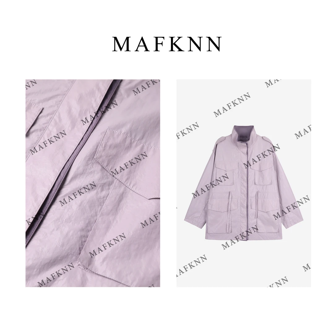 MAFKNN/玛肯时尚休闲简约纯色百搭春季立领风衣外套MK11867