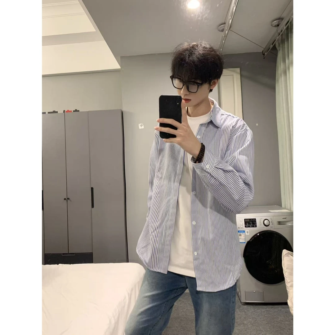 美式复古条纹长袖衬衫男士高街痞帅潮牌内搭叠穿衬衣vintage外套