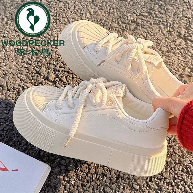 啄木鸟贝壳头板鞋女厚底增高小白鞋2024年春季新款小众潮休闲女鞋