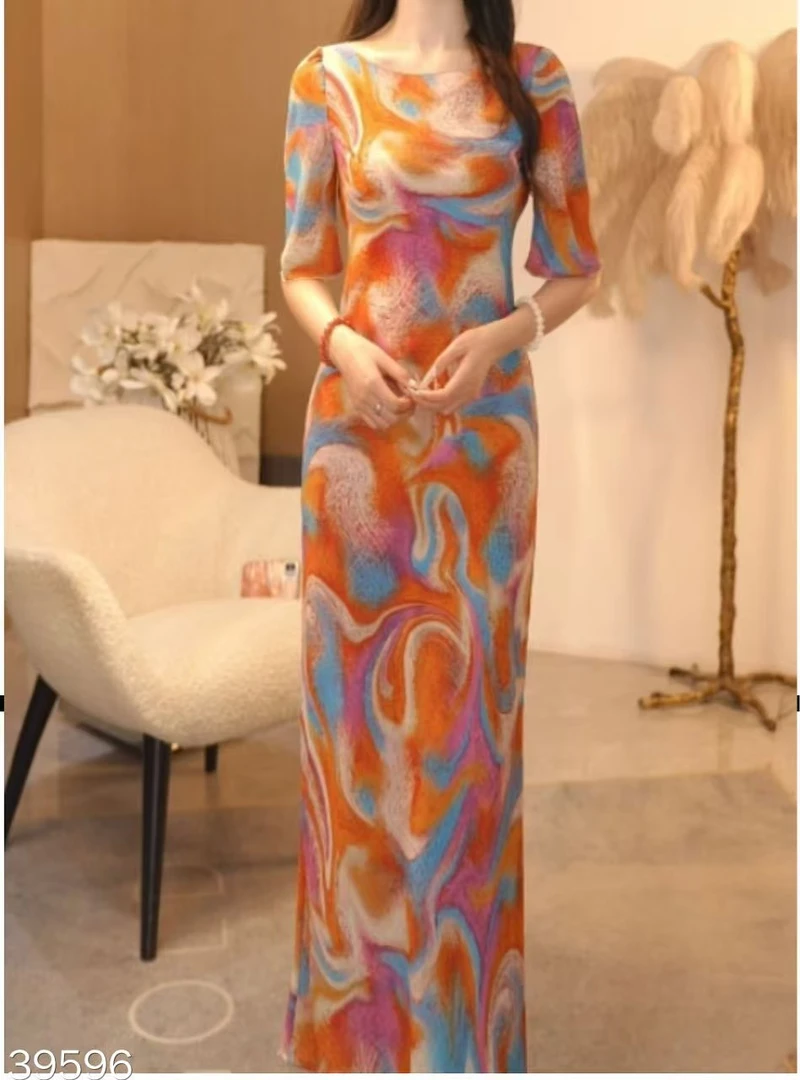 39596　印花轻奢油画度假风连衣裙　【B】　A3