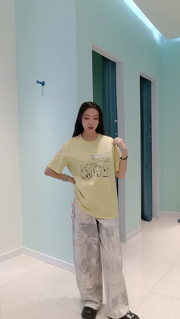 长裤女印花阔腿裤无弹夏季牛仔裤卡通扎染休闲裤直筒破洞裤子