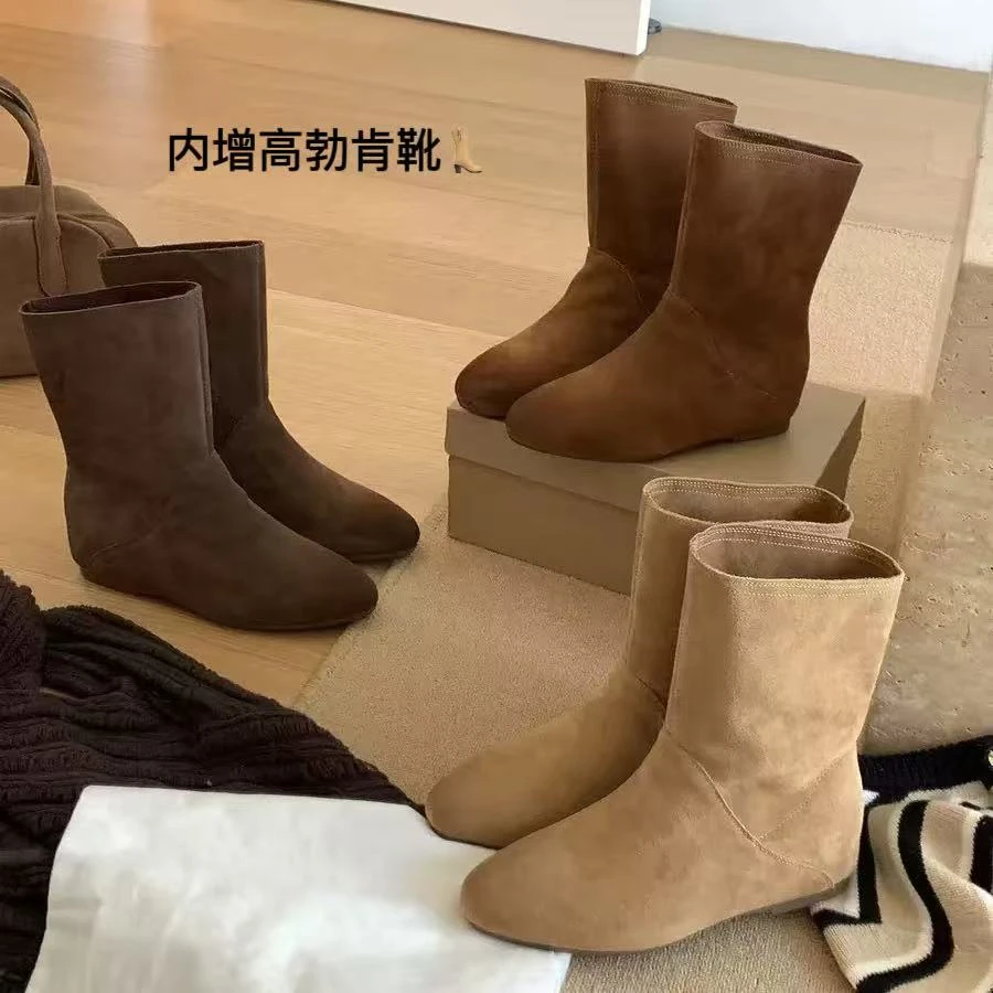 法式内增高短靴子女2025新款秋季美拉德中筒靴显瘦勃肯靴堆堆靴