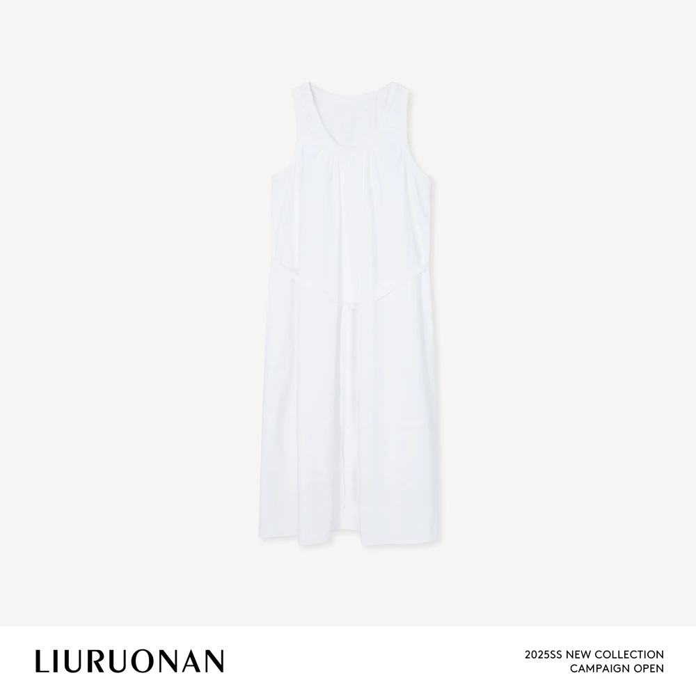 LIURUONAN 25SS【植物园白裙】气质小众设计圆领花苞边系带连衣裙女