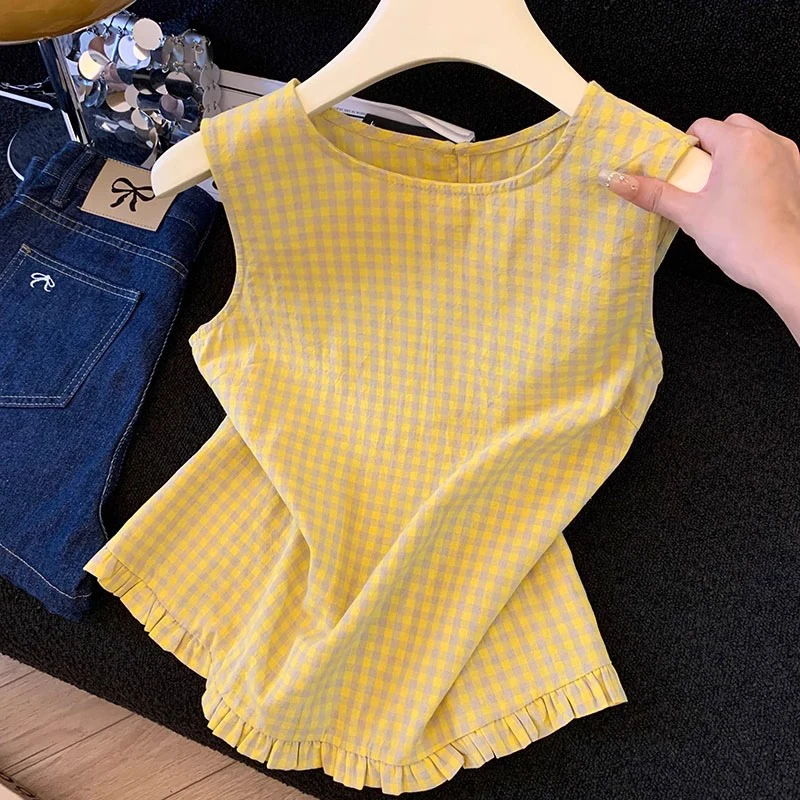 韩系撞色格子背心女夏季2025新款外穿显瘦短款花边坎肩无袖上衣