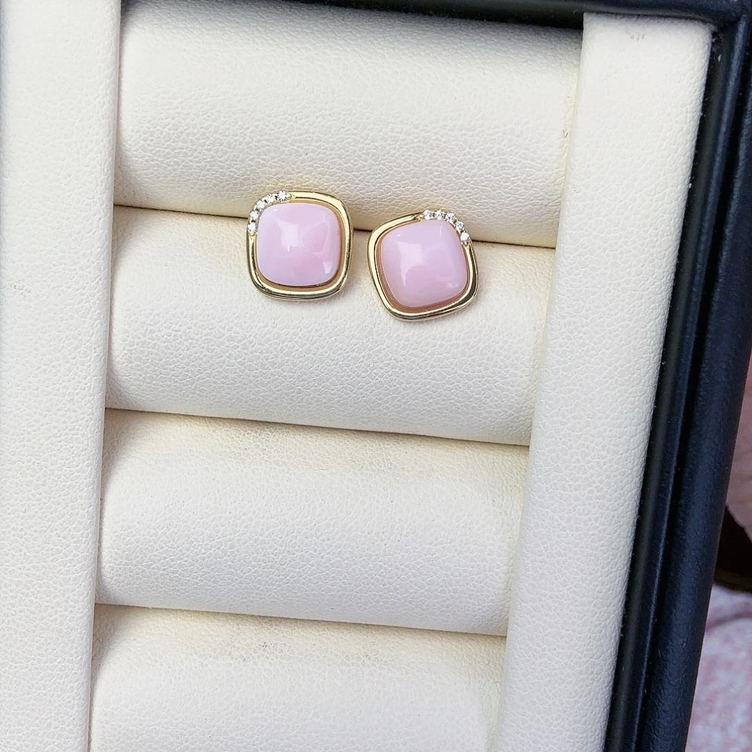 贝壳耳钉银S925镶嵌小方金色粉贝壳耳饰