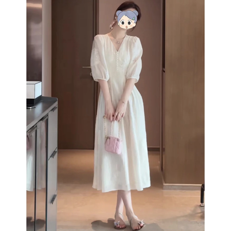 法式轻熟风白色连衣裙女夏季新款时尚大码女装超好看减龄气质长裙