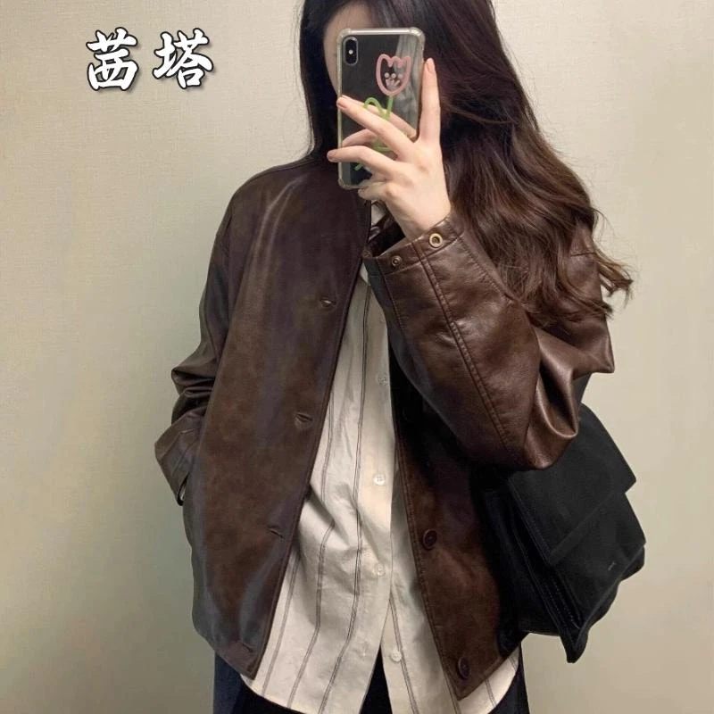 2025秋冬新款小个子韩系立领机车服夹克美拉德棕色短款皮衣外套女