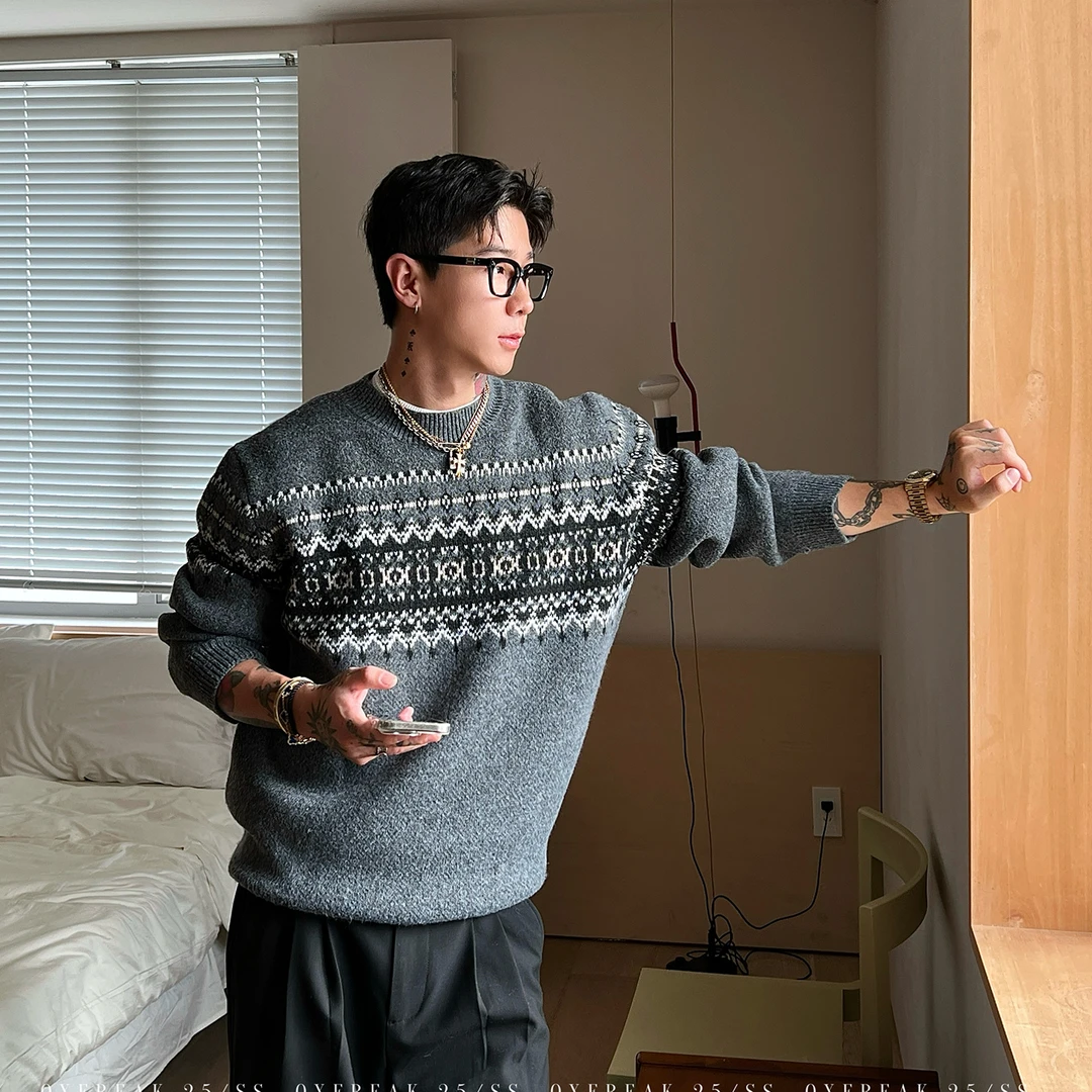 OXFREAK「费尔岛提花」老钱风羊毛混纺毛衣男秋冬保暖圆领针织衫