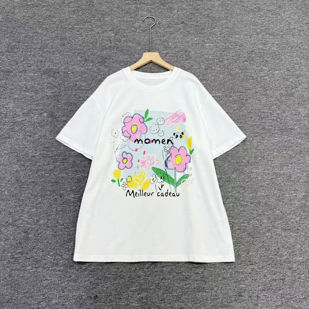 JW/静稳2025时尚宽松休闲圆领女款减龄短袖创意图案T恤5551066