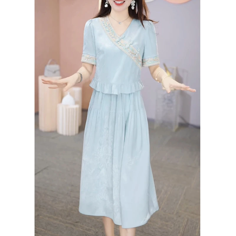 时尚高端中式短袖连衣裙女2025夏季新款气质优雅显瘦国风复古裙子