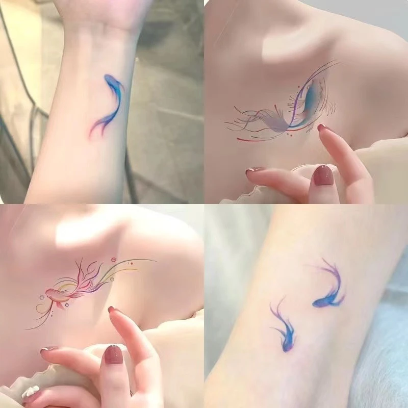 彩色锦鲤纹身贴ins风高级唯美防水持久少女感手腕锁骨小鱼纹身贴