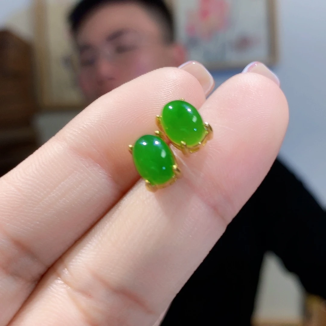 和田玉（碧玉）耳饰银S925镀金镶嵌
