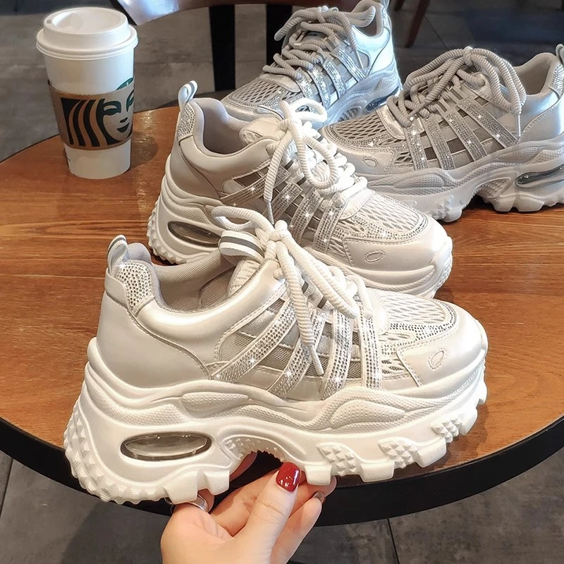 气垫厚底7cm真皮老爹鞋女夏季 水钻网面透气薄款小白鞋休闲运动鞋