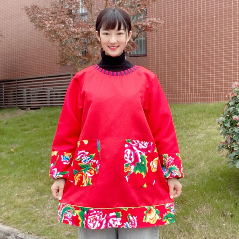 长袖围裙民族风防水防油厨房家用上班工作服少数民族花布反穿罩衣