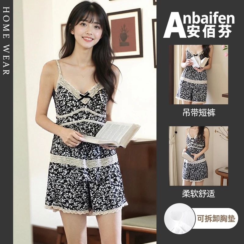 碎花纯欲性感辣妹风吊带短裤睡衣女夏季带胸垫蕾丝边家居服防凸点