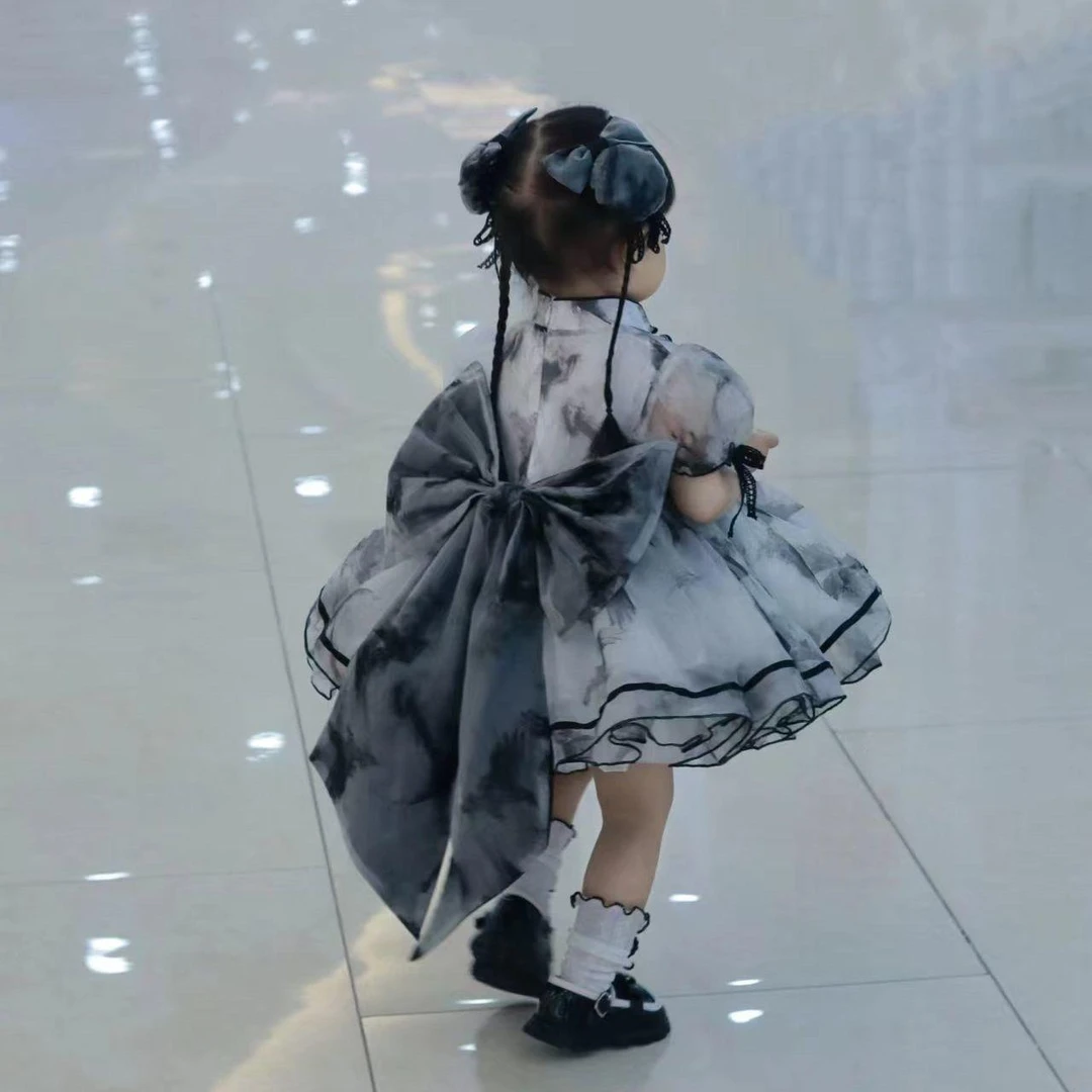 季水墨印花儿童晕染公主裙新中式中大童汉服公主洛丽塔裙子优质棉