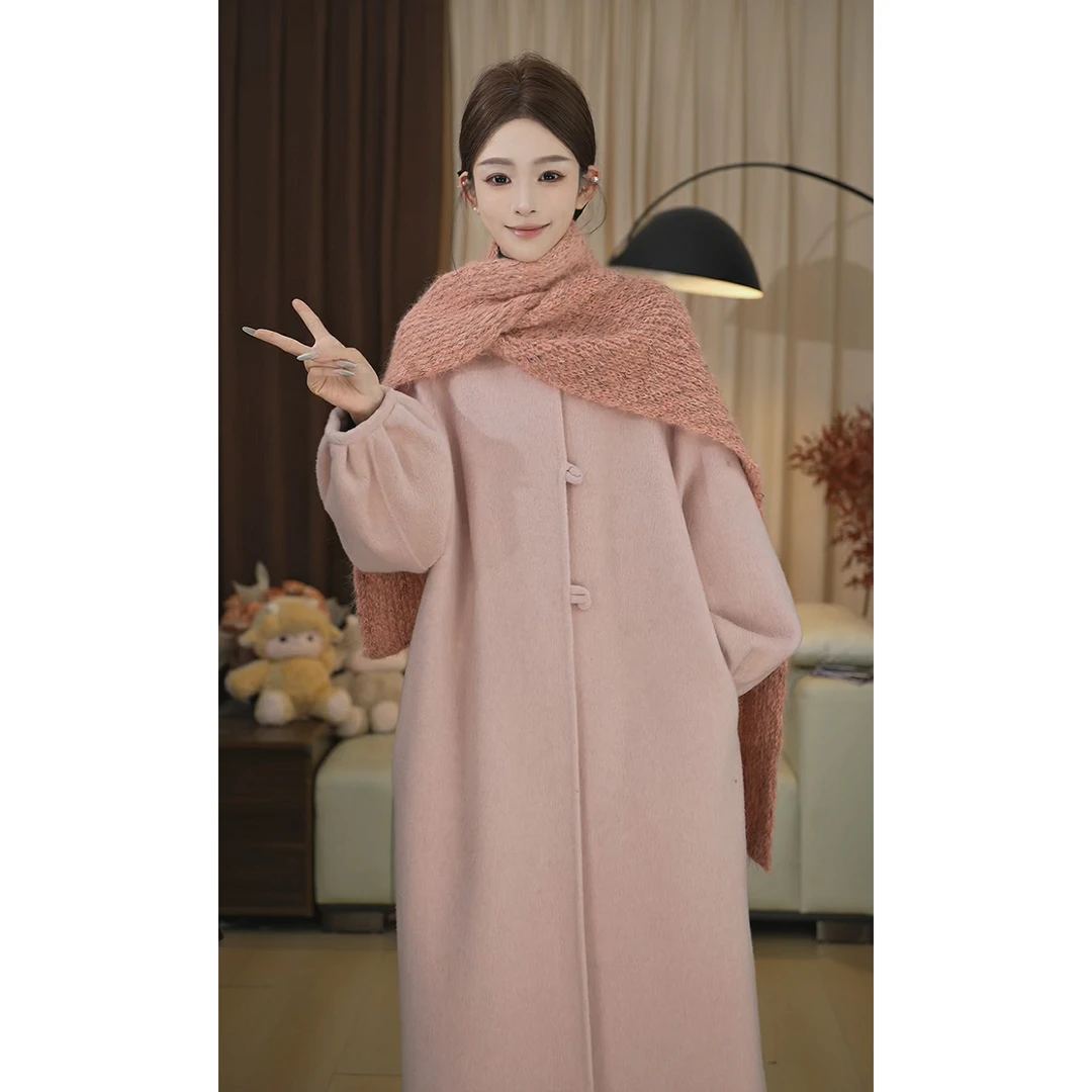 新中式简约宽松温柔风立领扣子时尚百搭长款秋冬羊毛大衣 25913