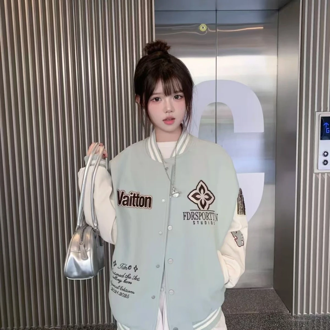 美式复古棒球服女春季新款字母刺绣休闲夹克外套宽松学院风上衣潮