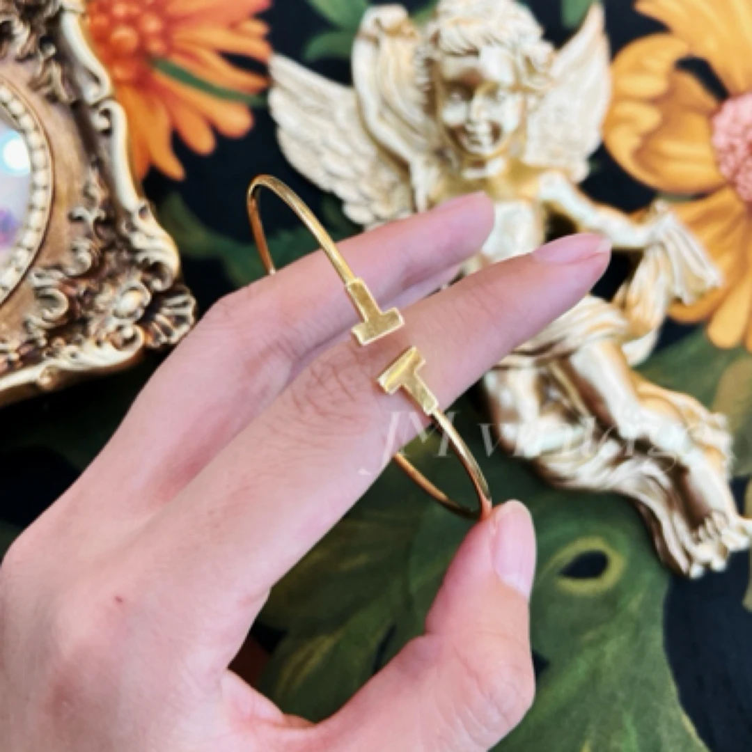 99新 Tiffany & Co./蒂芙尼 18k玫瑰金窄版双T手镯