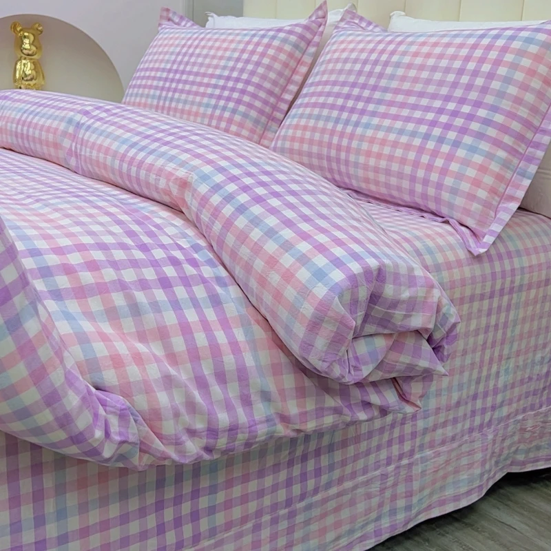 A类全棉色织水洗棉四件套100纯棉格子款无印风床上用品被套床单