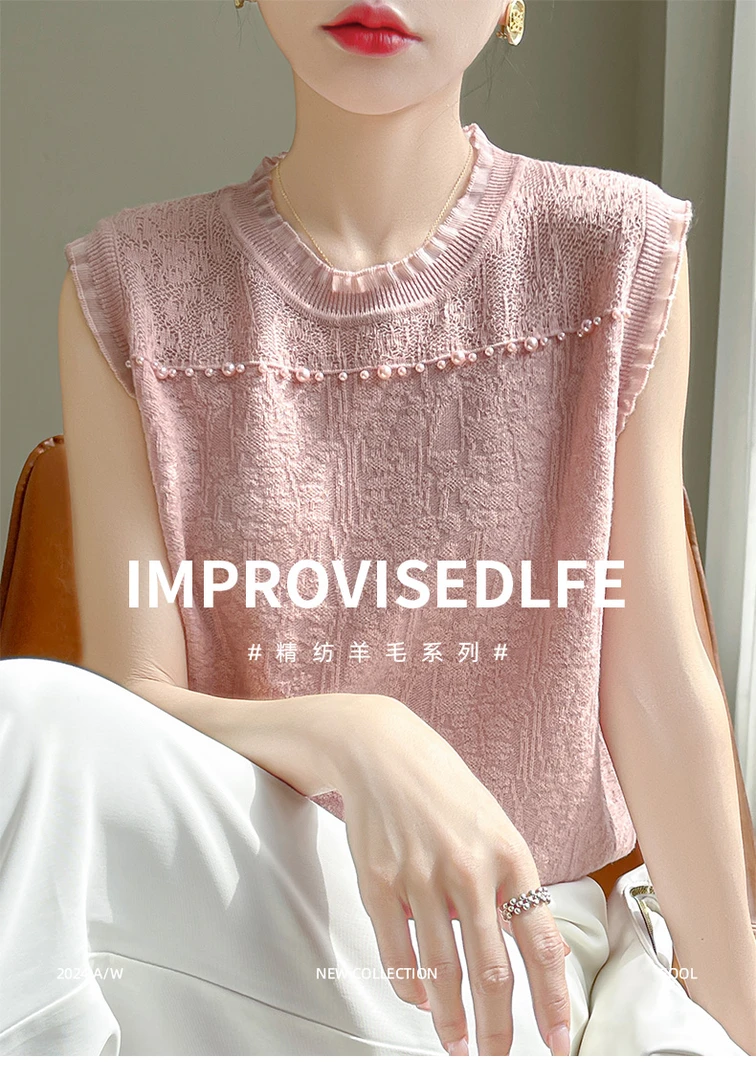 无袖夏季毛针织衫高领钩花针织衫镂空针织衫上衣宽松套头薄款打底