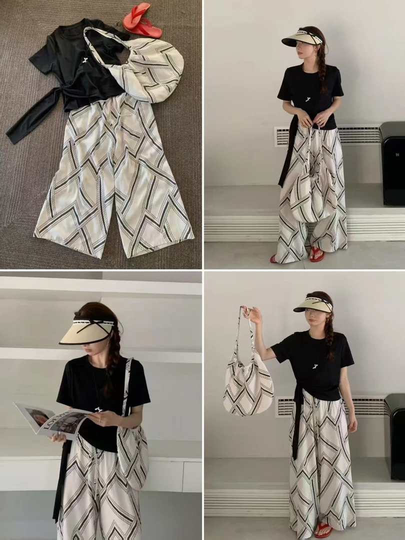 【8158】丰#短袖上衣+休闲裤+包包【三件套】