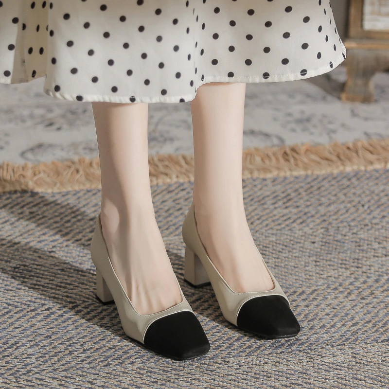 羊皮拼色小香风粗跟单鞋女春秋2025新款中跟浅口瓢鞋法式高跟鞋子