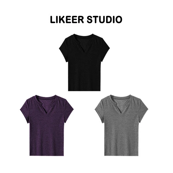 【天蚕丝面膜T】亨利领小V气质清爽舒适短袖百搭显瘦T恤女新款B068