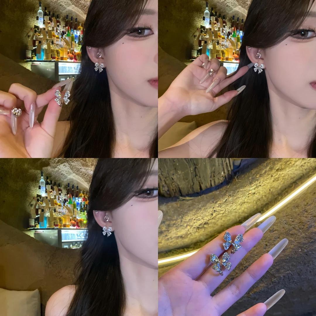 铜合金耳饰 轻奢小众锆石蝴蝶耳环夏季独特耳钉女冷淡风气质耳饰