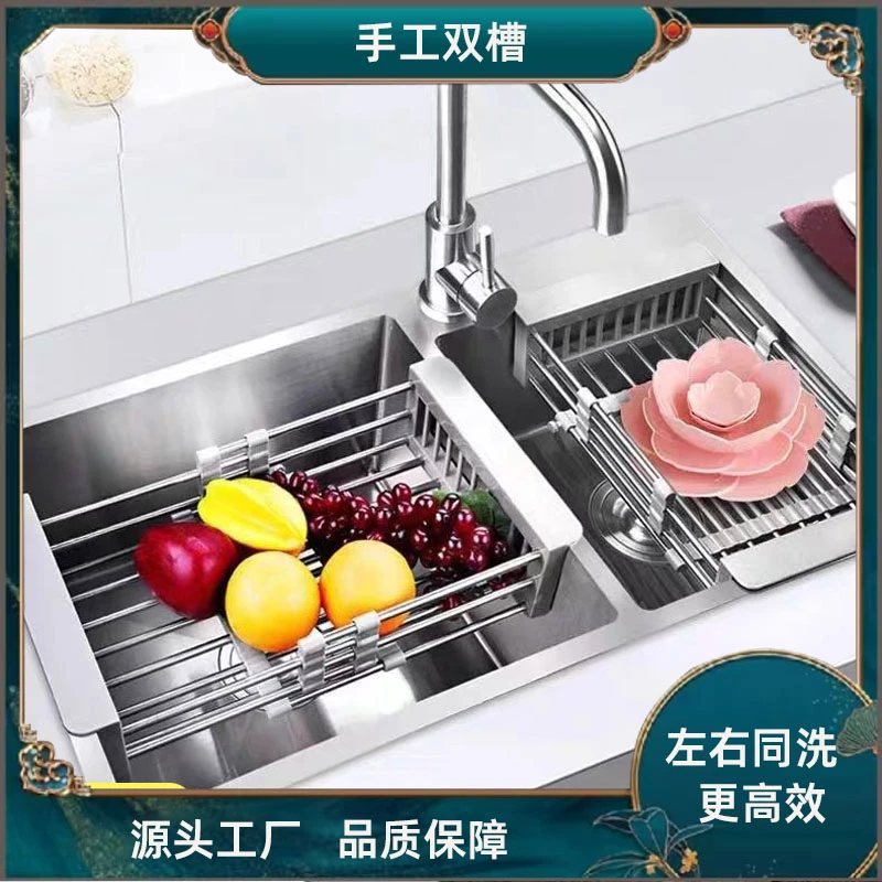德珠厨房水槽手工双槽加厚面板SUS304不锈钢洗菜盆洗碗池多功能