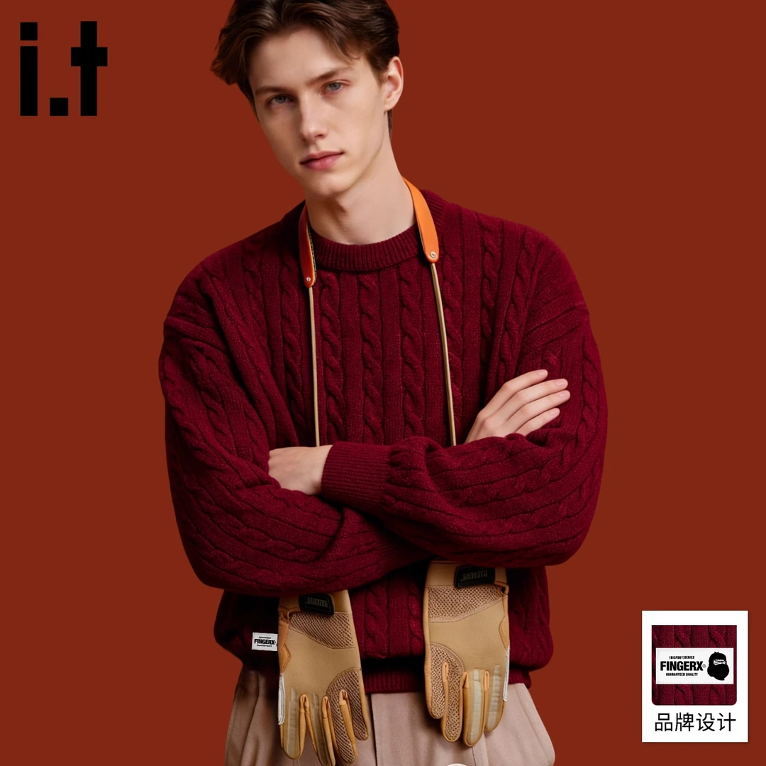 it FINGERCROXX本命年绞花毛衣男冬季新款加厚保暖红色圆领套头衫