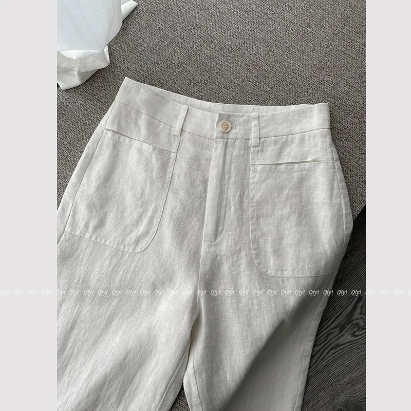 【100亚麻】不透 全内衬透气夏季新款高腰显瘦休闲直筒裤女