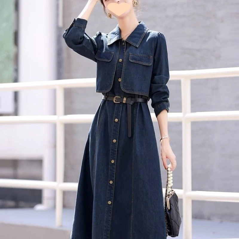 牛仔长袖连衣裙女春秋季新款高级感法式气质收腰显瘦衬衫长裙