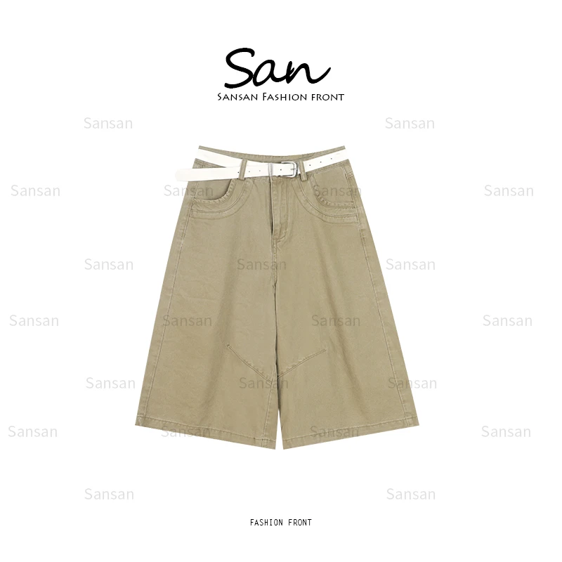 【SANSAN】复古卡其色七分阔腿牛仔裤DY-50147